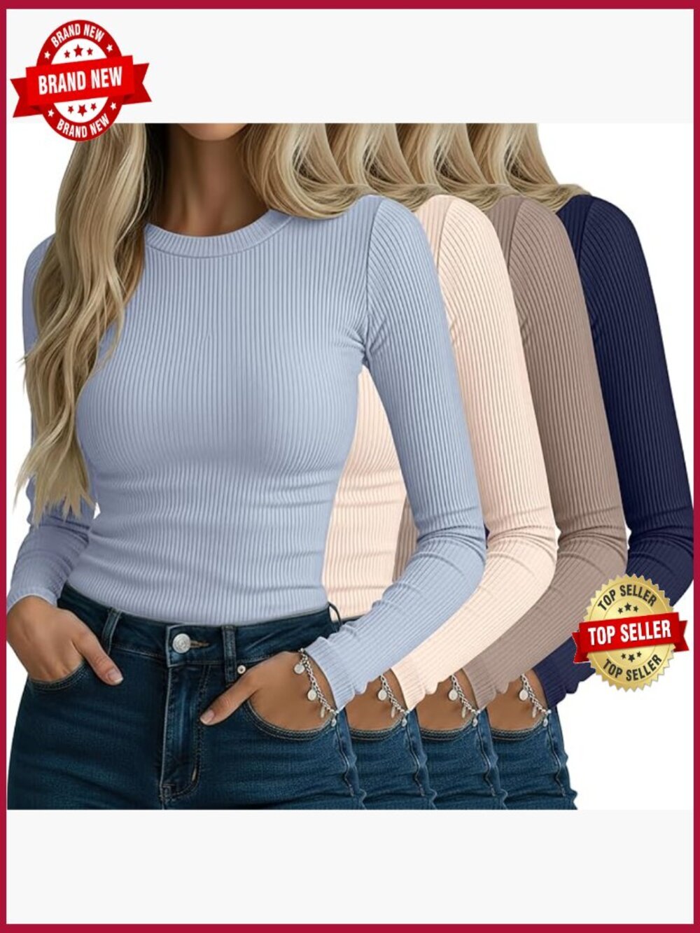 4 Pack Ribbed Long Sleeve Tops Crew Neck Slim Fit Stretch Knit Basic Tees